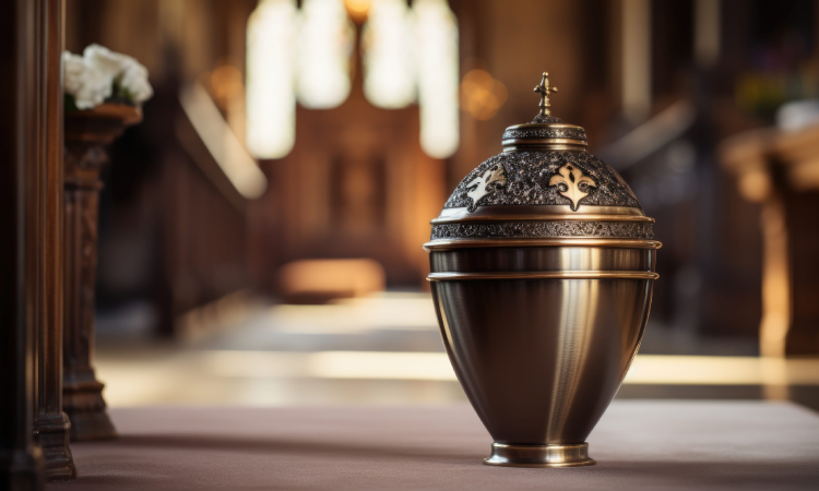 En la iglesia hay una urna con cenizas. 